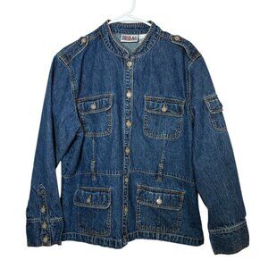 Vintage Bill Blass Denim Military Style Blue Jean Jacket Womens Large Button Up